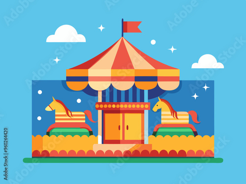 Horse carousel in the amusement park. Ticket design. Flat vector illustration.
