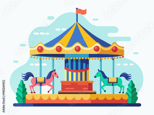 Horse carousel in the amusement park. Ticket design. Flat vector illustration.
