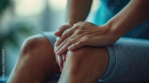 Close-up of a person holding their knee, illustrating discomfort or pain. Ideal for health, wellness, and physical therapy themes.