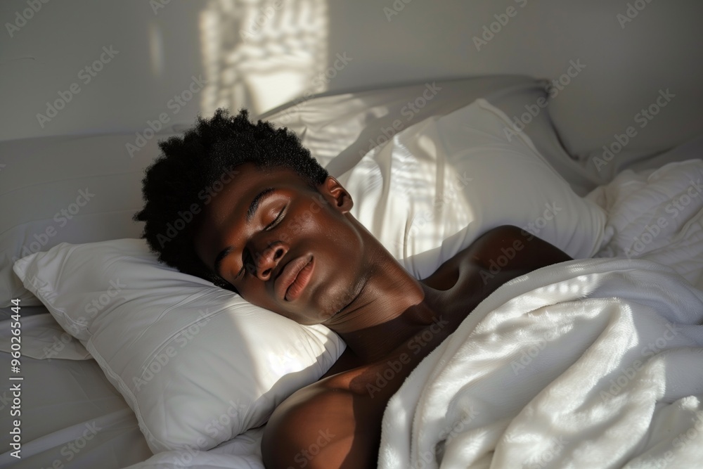 A beautiful black man sleeps on a white pillow covered with a white blanket. The rays of dawn illuminate his face. AI generative A beautiful black man sleeps on a white pillow covered with a white blanket. The rays of dawn illuminate his face. AI generative