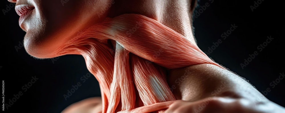 Detailed close-up of human neck anatomy showcasing muscles, perfect for educational and artistic purposes. Detailed close-up of human neck anatomy showcasing muscles, perfect for educational and artistic purposes.
