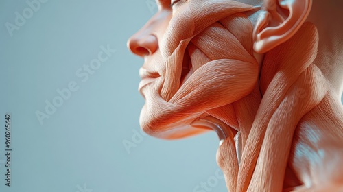 Detailed anatomical view of human facial muscles showcasing structure and complexity in a realistic profile. photo