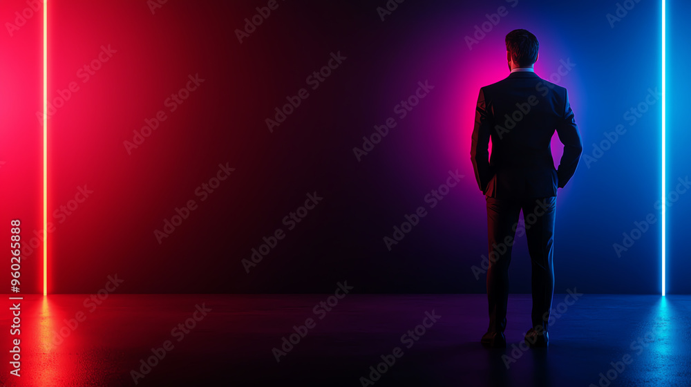 Silhouette of a business man in a suit facing neon lights, creating a dramatic contrast in a modern setting. Silhouette of a business man in a suit facing neon lights, creating a dramatic contrast in a modern setting.