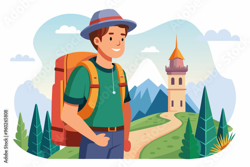 Tourist with a backpack from his back vector art illustration