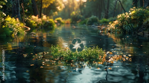 Abstract icon representing the ecological call to recycle and reuse in the form of a pond with a recycling symbol in the middle of a beautiful untouched jungle. 3d rendering