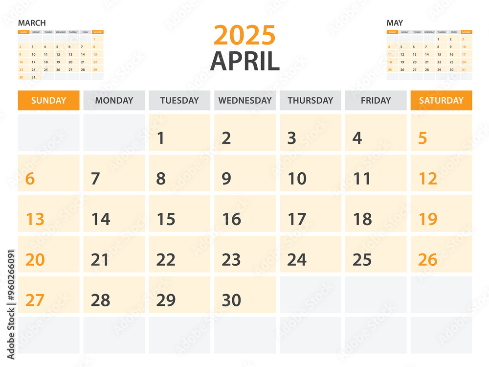 Calendar 2025 template- April 2025 year, monthly planner, Desk Calendar 2025 template, Wall calendar design, Week Start On Sunday, Stationery, printing, office organizer vector, orange background Calendar 2025 template- April 2025 year, monthly planner, Desk Calendar 2025 template, Wall calendar design, Week Start On Sunday, Stationery, printing, office organizer vector, orange background
