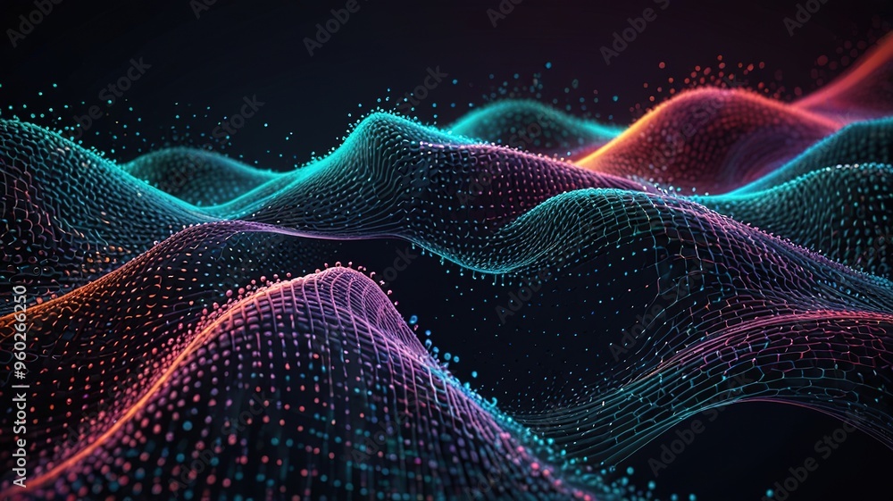 Fototapeta premium Abstract technology stream background. Digital dynamic wave of dots. Network connection structure. 3D rendering.