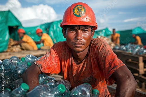 Man in a Red Hardhat Sorts Plastic Bottles photo