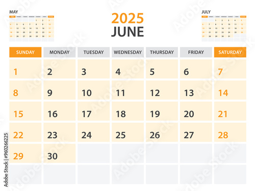 Calendar 2025 template- June 2025 year, monthly planner, Desk Calendar 2025 template, Wall calendar design, Week Start On Sunday, Stationery, printing, office organizer vector, orange background photo