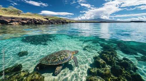 The crystal-clear waters of a Galapagos bay, with a sea turtle swimming gracefully beneath the surface.