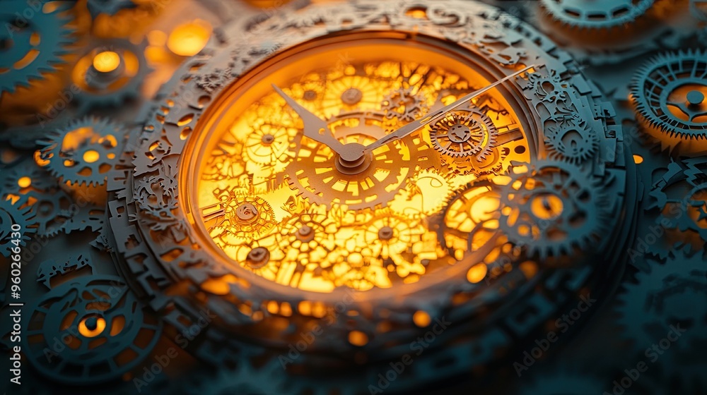 Obraz premium 16. A glowing watch face with intricate paper cut gears and light softly illuminating the detailed layers, all set on a solid colored backdrop