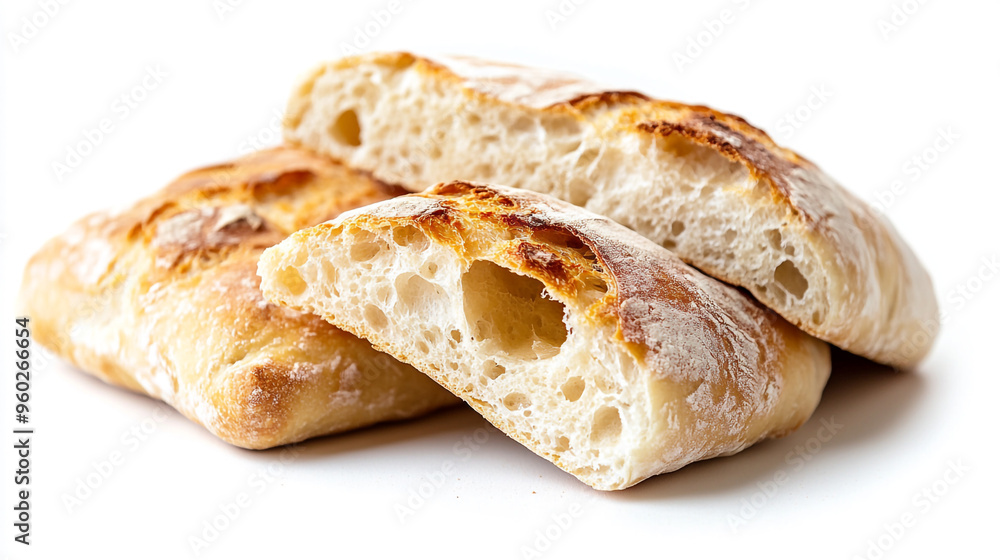 Freshly baked ciabatta bread with a crispy crust and airy interior displayed on a clean white background under bright lighting Freshly baked ciabatta bread with a crispy crust and airy interior displayed on a clean white background under bright lighting