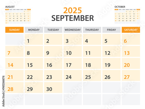 Calendar 2025 template- September 2025 year, monthly planner, Desk Calendar 2025 template, Wall calendar design, Week Start On Sunday, Stationery, printing, office organizer vector, orange background photo