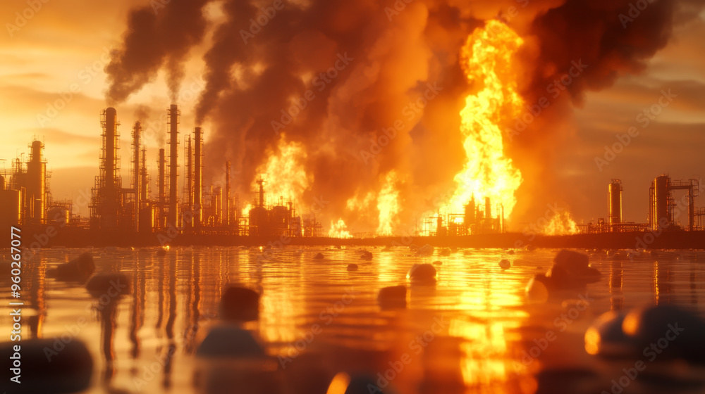 Industrial fire at chemical processing facility with flames and smoke rising dramatically against sunset sky, reflecting on waters surface. Industrial fire at chemical processing facility with flames and smoke rising dramatically against sunset sky, reflecting on waters surface.