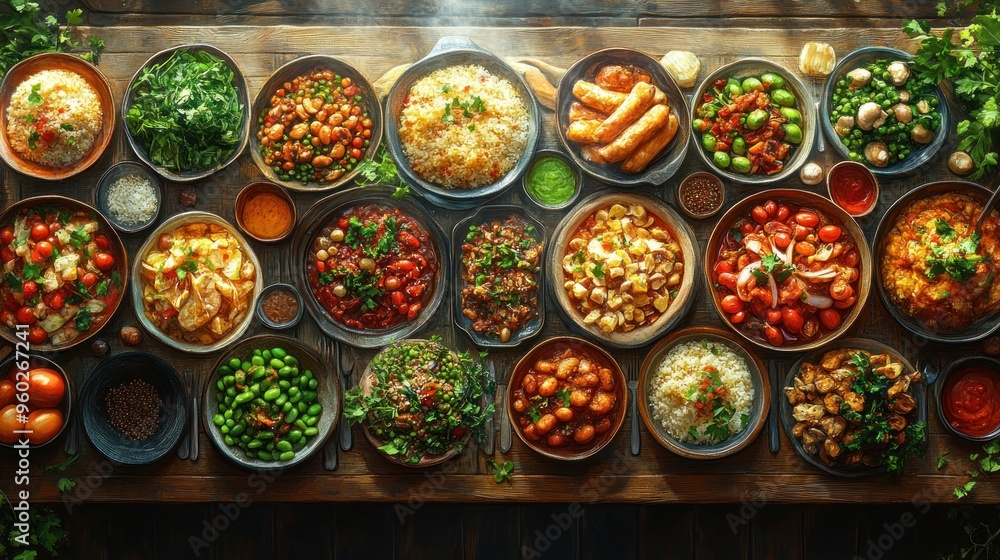 A vibrant spread of diverse dishes arranged on a wooden table. A vibrant spread of diverse dishes arranged on a wooden table.