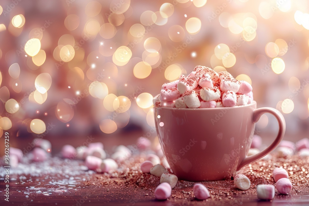 A mug of hot cocoa topped with marshmallows and dusted with cocoa powder, surrounded by warm bokeh lights. A mug of hot cocoa topped with marshmallows and dusted with cocoa powder, surrounded by warm bokeh lights.