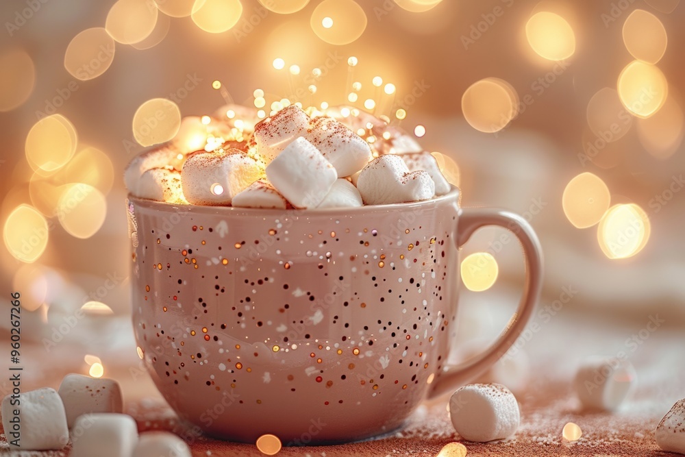 A mug of hot cocoa topped with marshmallows and dusted with cocoa powder, surrounded by warm bokeh lights. A mug of hot cocoa topped with marshmallows and dusted with cocoa powder, surrounded by warm bokeh lights.