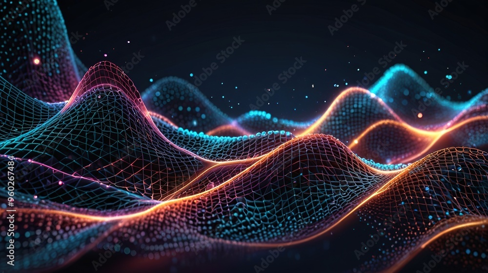 Abstract technology stream background. Digital dynamic wave of dots. Network connection structure. 3D rendering. Abstract technology stream background. Digital dynamic wave of dots. Network connection structure. 3D rendering.