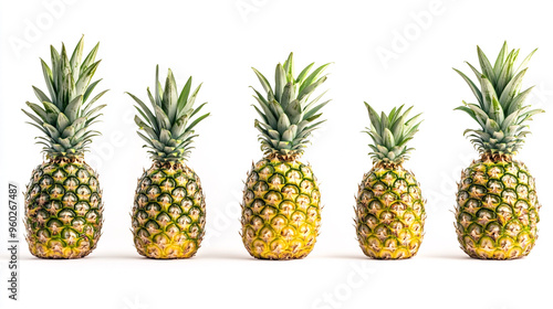 A row of fresh pineapples arranged evenly against a white background showcasing their vibrant colors and textures