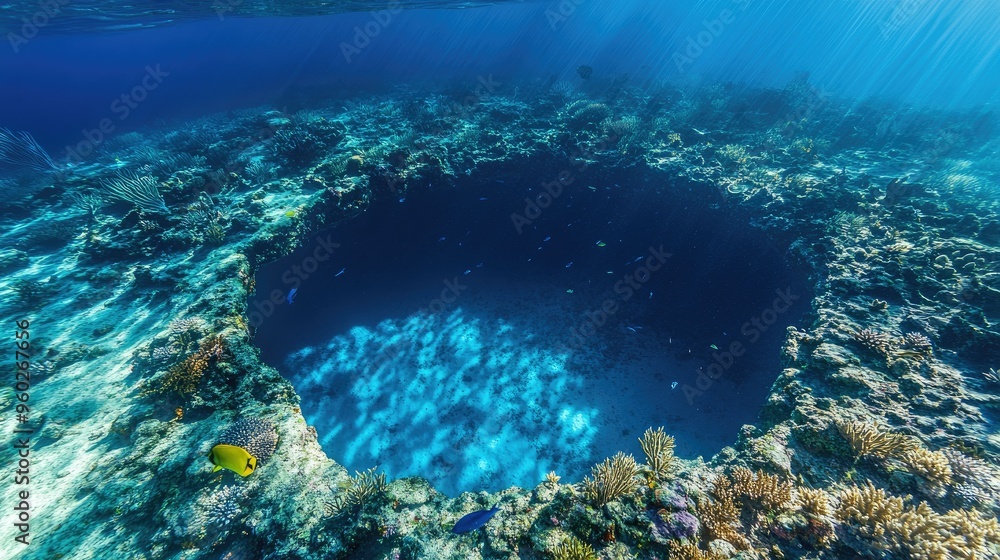 The edge of the Great Blue Hole with coral formations and colorful fish swimming nearby. The edge of the Great Blue Hole with coral formations and colorful fish swimming nearby.