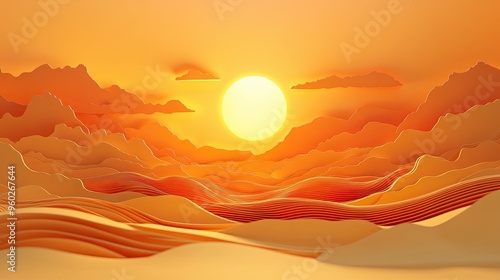 14. A 3D paper cut scene of a heatwave, with a glowing sun beating down on a dry landscape, with heatwaves shimmering, all set against a solid background photo