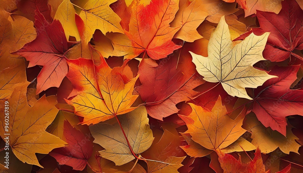 A vibrant carpet of autumn leaves in reds, oranges, yellows, and browns covers the ground, bathed in soft sunlight, creating a serene fall scene. A vibrant carpet of autumn leaves in reds, oranges, yellows, and browns covers the ground, bathed in soft sunlight, creating a serene fall scene.