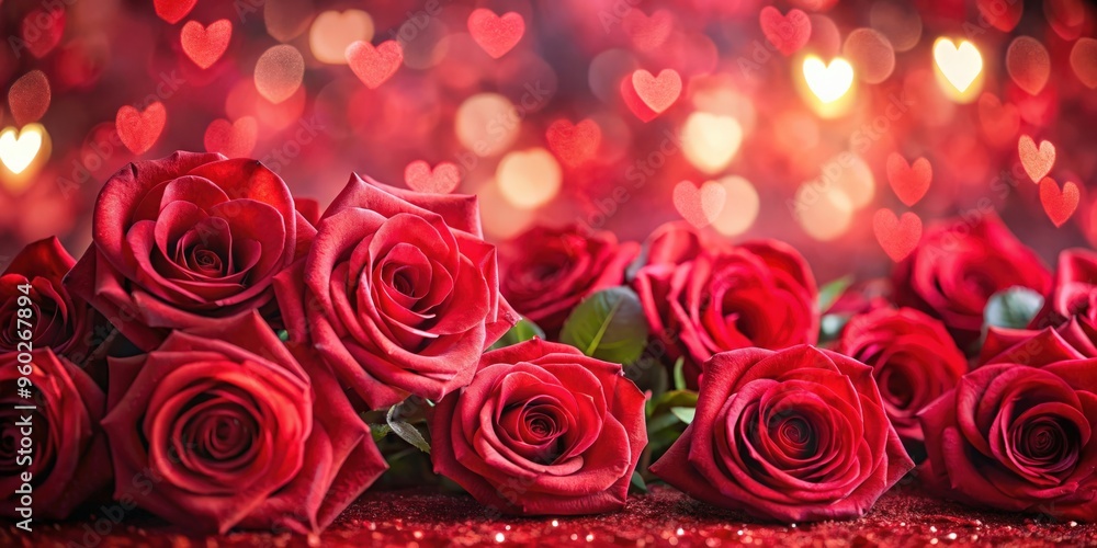 Vibrant red Valentines Day background with blurred roses and hearts creating a romantic bokeh effect Vibrant red Valentines Day background with blurred roses and hearts creating a romantic bokeh effect