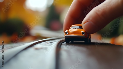 Hand Holding a Toy Car: A hand rolling a toy car along a track, with a close-up focus on the car and the hand’s movement. 