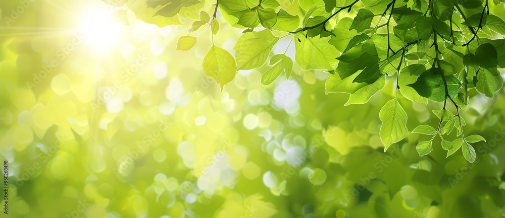 Close-up of fresh, fresh leaves hanging from branches in front. Close-up of fresh, fresh leaves hanging from branches in front.