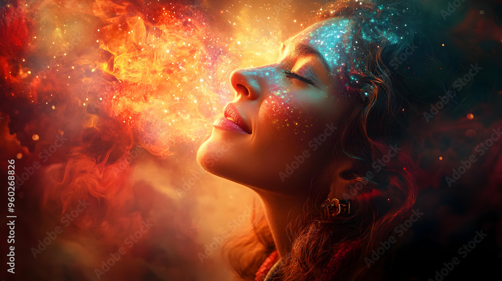 A woman experiencing a vibrant, mystical explosion of colors. A woman experiencing a vibrant, mystical explosion of colors.