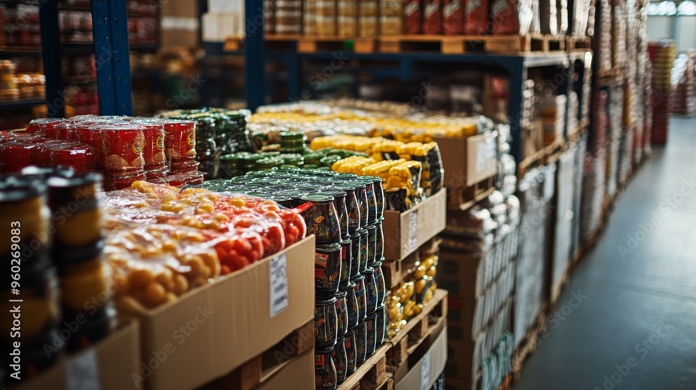 High-angle shot of a pallet filled with assorted food products, capturing the essence of supply chain management in the food industry, set in a distribution center High-angle shot of a pallet filled with assorted food products, capturing the essence of supply chain management in the food industry, set in a distribution center