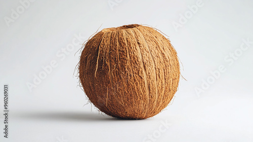 Natural coconut husk ball displayed on a clean white backdrop highlighting its textured surface and organic form