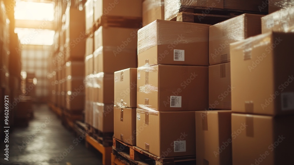 High-definition close-up of neatly stacked boxes on a pallet, highlighting the packaging design and clear labeling, set in an industrial warehouse High-definition close-up of neatly stacked boxes on a pallet, highlighting the packaging design and clear labeling, set in an industrial warehouse