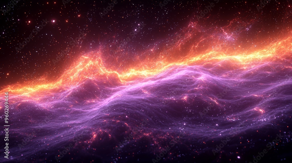 Fototapeta premium Vibrant cosmic clouds illuminated by brilliant orange and purple hues in a vast expanse of space during a distant galaxy formation