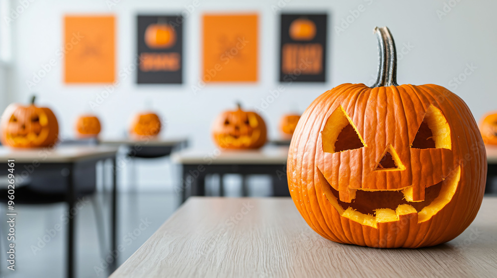 A cheerful carved pumpkin sits on desk in bright office, surrounded by more pumpkins and festive decorations, creating fun Halloween atmosphere. A cheerful carved pumpkin sits on desk in bright office, surrounded by more pumpkins and festive decorations, creating fun Halloween atmosphere.