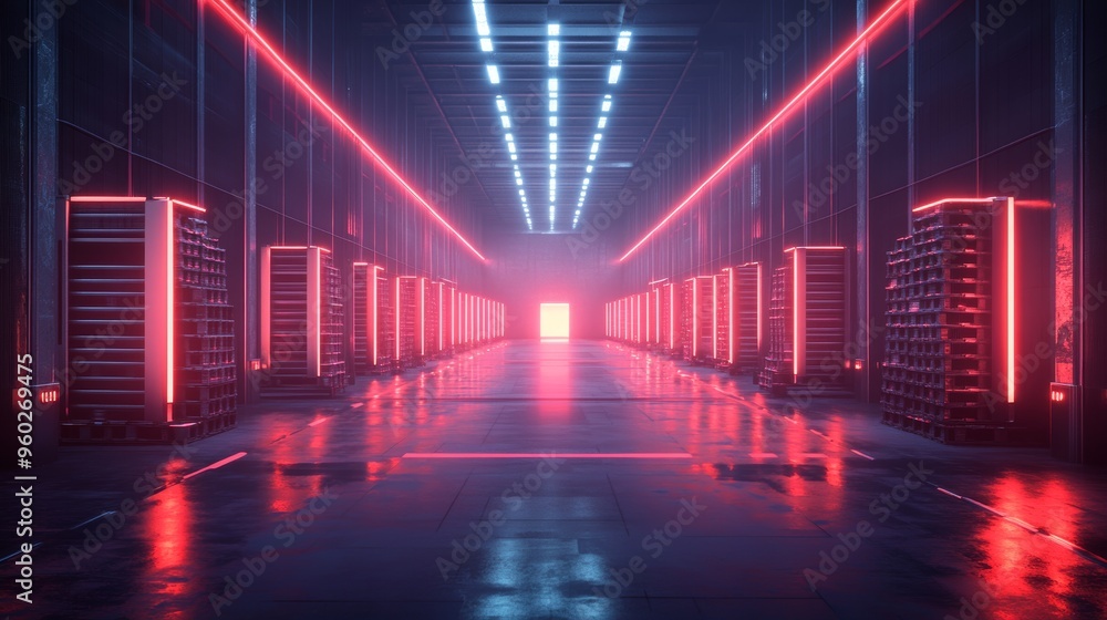 High-tech distribution center, rows of pallets stretching endlessly, augmented reality HUD displaying inventory details, cybernetic machinery, ultra-modern, dark moody lighting High-tech distribution center, rows of pallets stretching endlessly, augmented reality HUD displaying inventory details, cybernetic machinery, ultra-modern, dark moody lighting