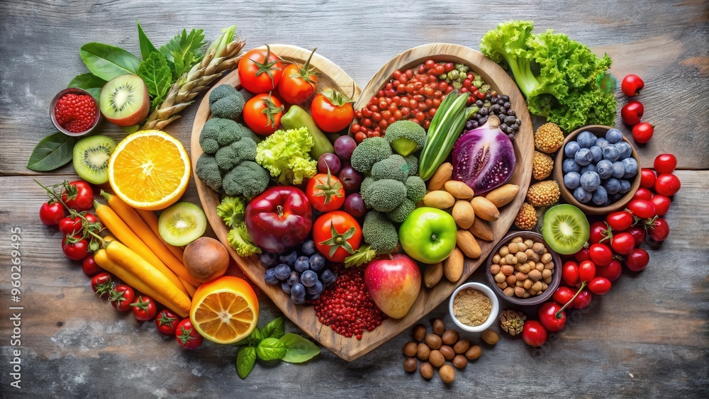 Selection of fresh fruits, vegetables, berries, and nuts for a heart-healthy vegetarian diet, promoting overall health and wellness with copy space Selection of fresh fruits, vegetables, berries, and nuts for a heart-healthy vegetarian diet, promoting overall health and wellness with copy space