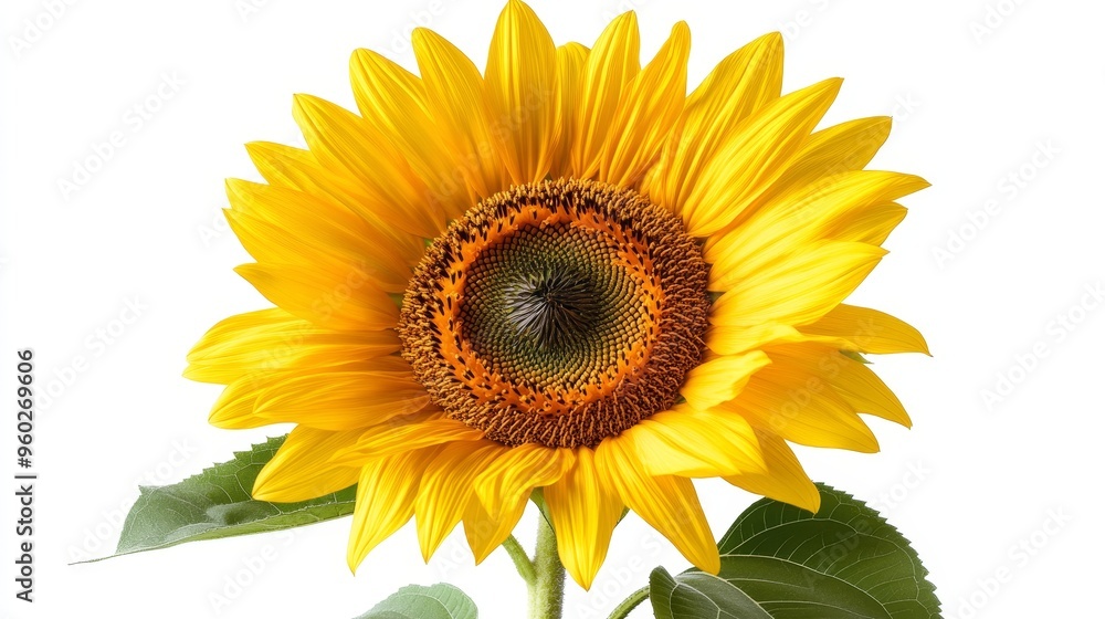 Obraz premium Close-up of a vibrant sunflower in full bloom, minimalist composition, isolated on a crisp white background, high-definition photography, hyper-realistic details, soft natural lighting.