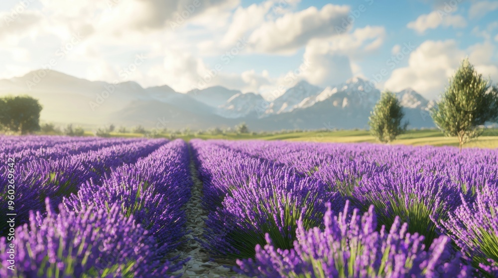 Naklejka premium Breathtaking Lavender Field Surrounded by Majestic Mountains