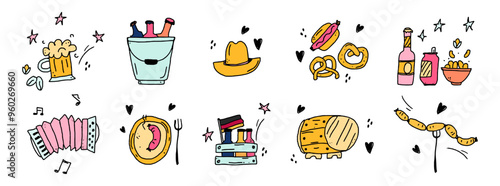 Oktoberfest beers doodle icon set. Germany vector illustration collection. Banner hand drawn line art style. Set of beer festival. St. Patrick's Day. Naive childish art.