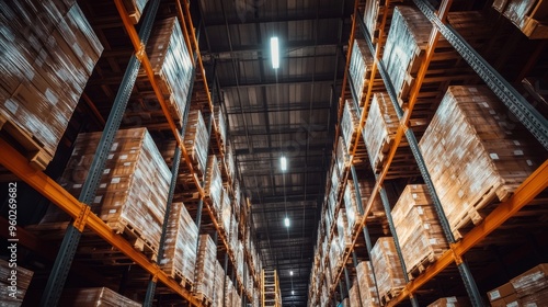 High-tech warehouse with pallets stacked to the ceiling, forklifts in action, emphasizing scale and precision in storage logistics