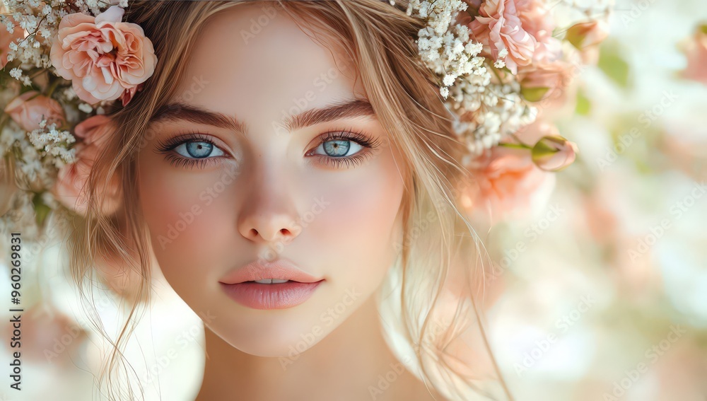 A beautiful woman with flowers in her hair, captivating eyes, and delicate makeup, set against a backdrop of spring colors. A beautiful woman with flowers in her hair, captivating eyes, and delicate makeup, set against a backdrop of spring colors.