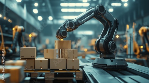 High-tech robot arms swiftly stacking boxes onto a pallet in a fully automated warehouse, industrial environment, precise movements, sleek metallic design, soft lighting