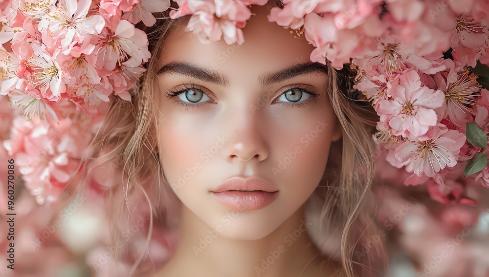 A beautiful woman with flowers in her hair, flawless skin, and natural-looking makeup, surrounded by spring blossoms. A beautiful woman with flowers in her hair, flawless skin, and natural-looking makeup, surrounded by spring blossoms.
