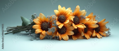 A Bouquet of Dried Sunflowers with Delicate Foliage photo