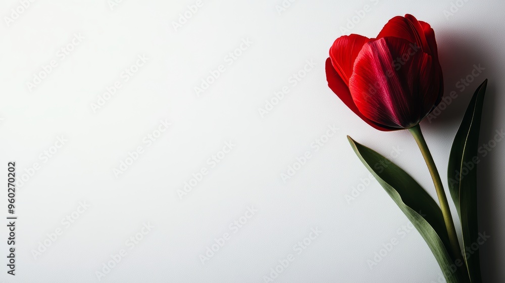 Fototapeta premium A single red tulip with delicate shadows on a pristine white background, minimalistic, modern design, soft lighting, ample copy space, high-resolution photography.
