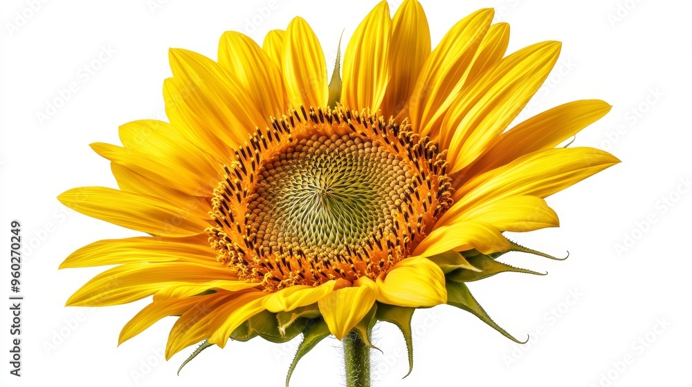 Fototapeta premium Close-up of a vibrant sunflower in full bloom, minimalist composition, isolated on a crisp white background, high-definition photography, hyper-realistic details, soft natural lighting.