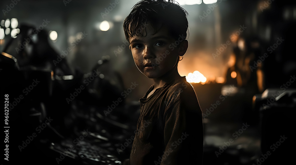 A young boy stands in a dimly lit industrial setting, looking curious. A young boy stands in a dimly lit industrial setting, looking curious.