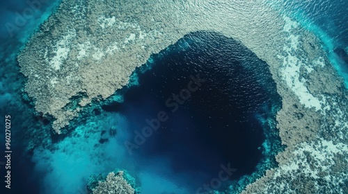 The Great Blue Hole seen from a drone, with its deep blue waters contrasting with the lighter sea. - photo