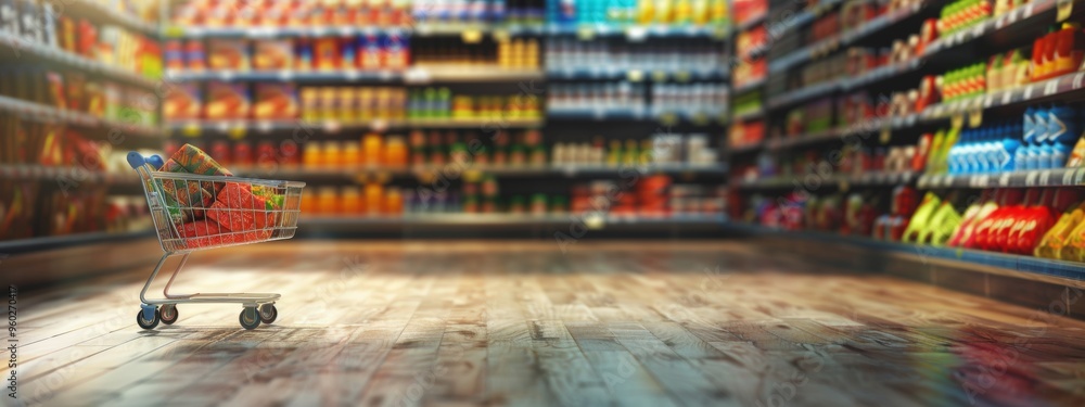 Empty shopping cart in a supermarket aisle with shelves of products Empty shopping cart in a supermarket aisle with shelves of products